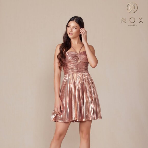 NEW SLEEVELESS A-LINE PLEATED DRESS W/ HALTER NECKLINE & FRONT KEYHOLE NX A825 - Picture 4 of 9